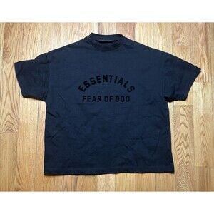 Fear Of God Essentials Black Oversized XS Boxy T-Shirt Flock Logo Blackout FOG
